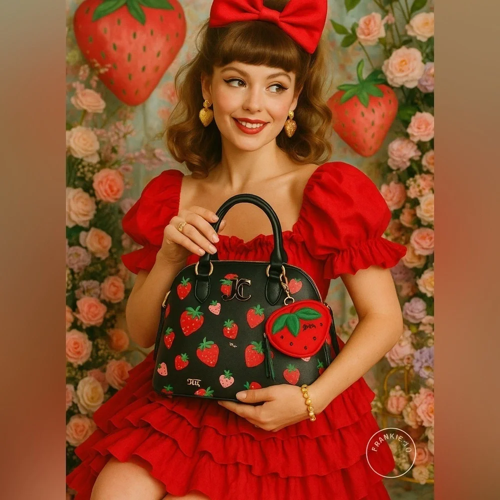 Juicy Couture Sweet N Juicy Strawberry Bowler Bag Black With Coin Pouch NWT